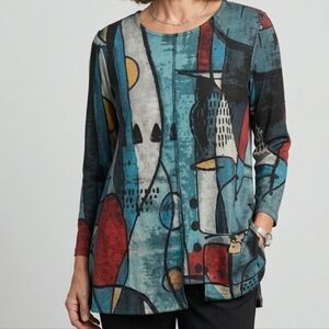 Jess & Jane "Granada" Top Abstract Print Art To Wear Lagenlook Brushed A-Line
